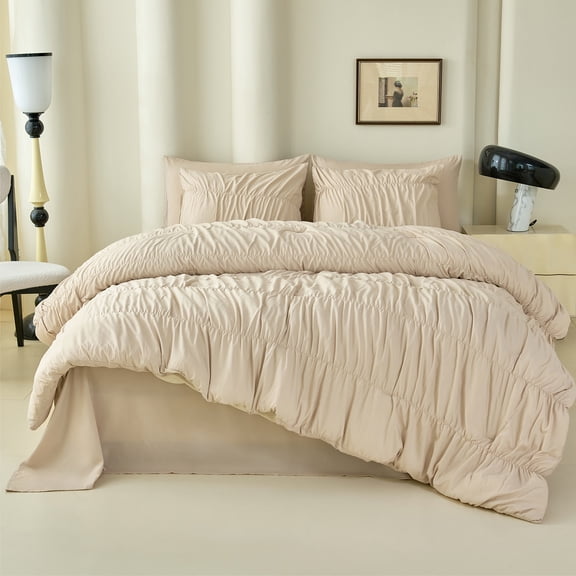Koniroom Ruched Comforter Set King Size, Ruffled Pintuck Boho Bedding for Teen Girls Women, 3 Pieces Soft All-Season Textured Shabby Chic BedRoom Decor Bed Set