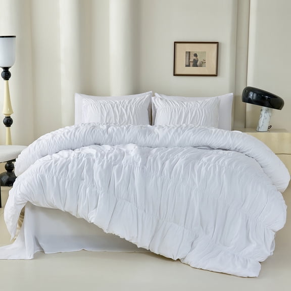 Koniroom Ruched Comforter Set Queen Size, 7 Pieces Ruffled Pintuck Boho Bed In a Bag for Teen Girls Women, Bedding Soft All-Season Textured Shabby Chic BedRoom Decor Bed Set, White