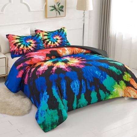 Koniroom Tie Dye Comforter Full/Queen Size for Teen Boys Girls Women, Trippy Hippie Psychedelic Gypsy Room Decor Soft Reversible Bedding Set, 3 Pieces All Season Bed Set, Blue Black Purple price history and forecast - Koniroom 3001