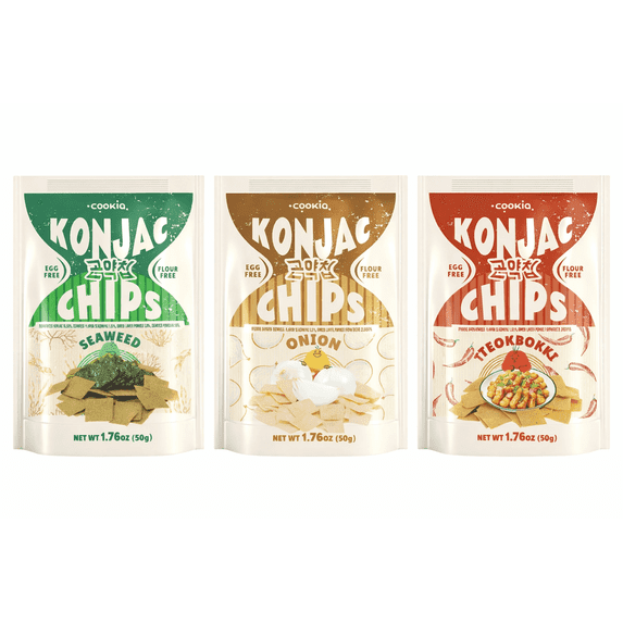 Konjac Chips Variety Pack, Vegan Korean Snack Chips, Seaweed Onion Tteokbokki Flavors, Egg Free Flour Free Plant Based Crispy Snack, 1.76 oz (3 Pack)