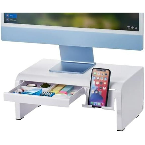 Konnect Adjustable Monitor Riser with Drawer & Cell Phone Holder, Laptop Stand for Desk, 4 Height Levels, Cable Management & Rubber Feet White,Deluxe Laptop Stand