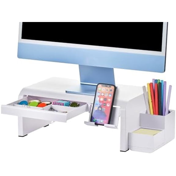 Konnect Adjustable Monitor Riser with Drawer, Cell Phone Stand & Pencil Holder, Laptop Stand for Desk, 4 Height Levels, Cable Management & Rubber Feet White,Deluxe Laptop Stand Kit
