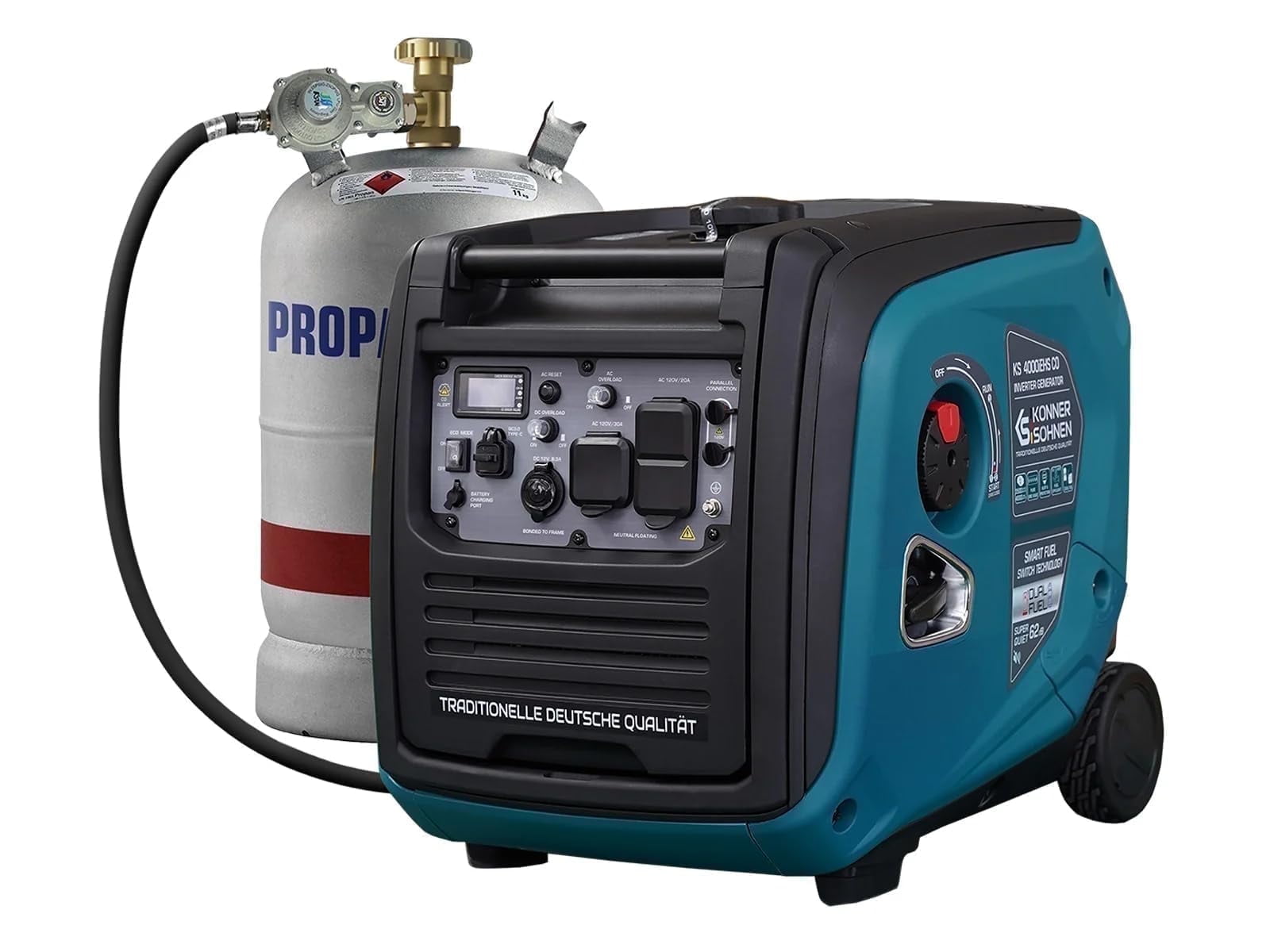 Konner & Sohnen 4000W Dual Fuel Generator Portable LPG/Gasoline 120V USB Quiet Parallel Ready Foldable Handle and Wheels Outdoor Camping Home Backup