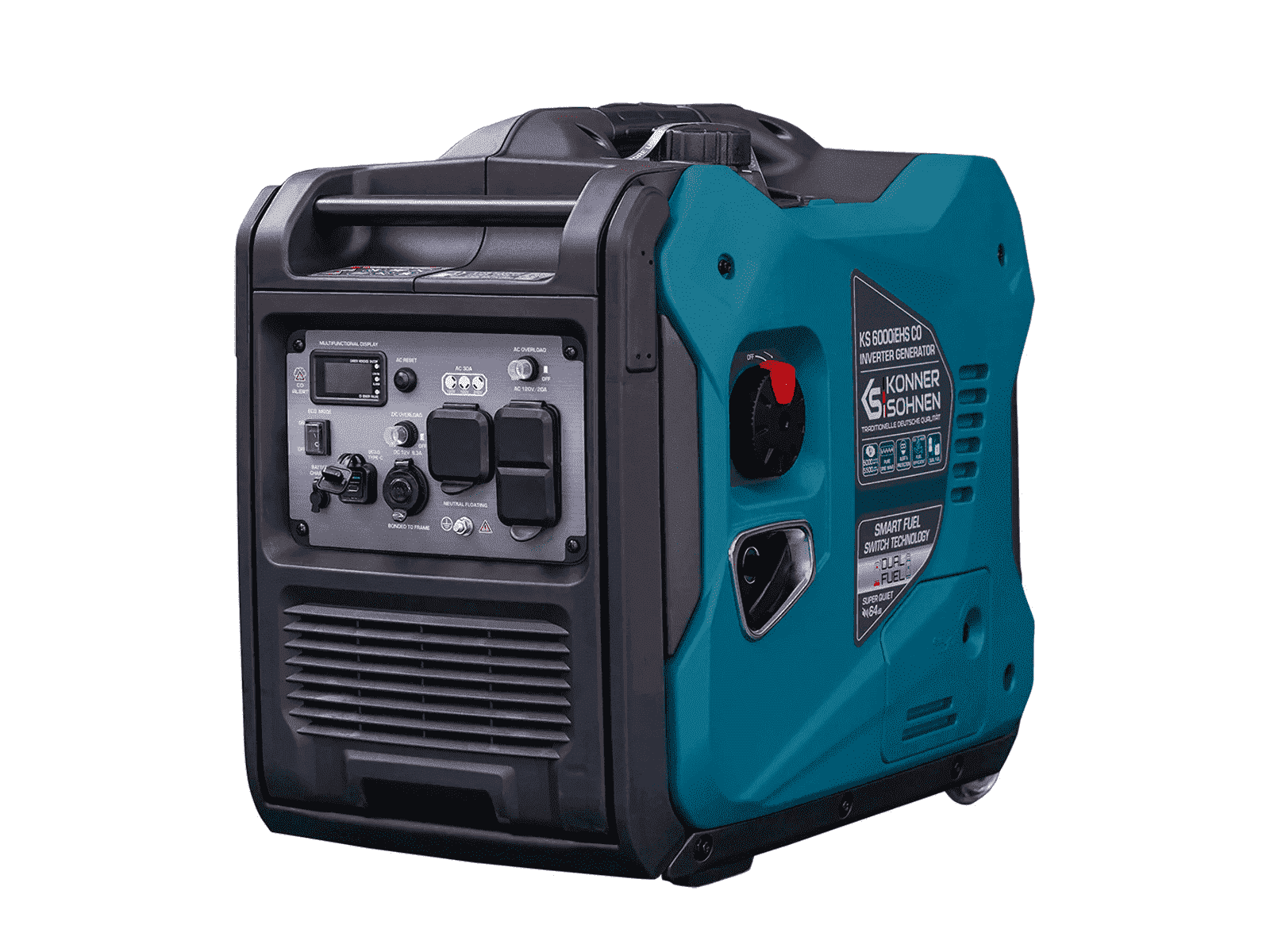 Konner & Sohnen Inverter Generator 5500W, LPG & Gasoline 120/240V CO Sensor, Fuel-Efficient Technology Electric Start LED USB 12V Eco Mode