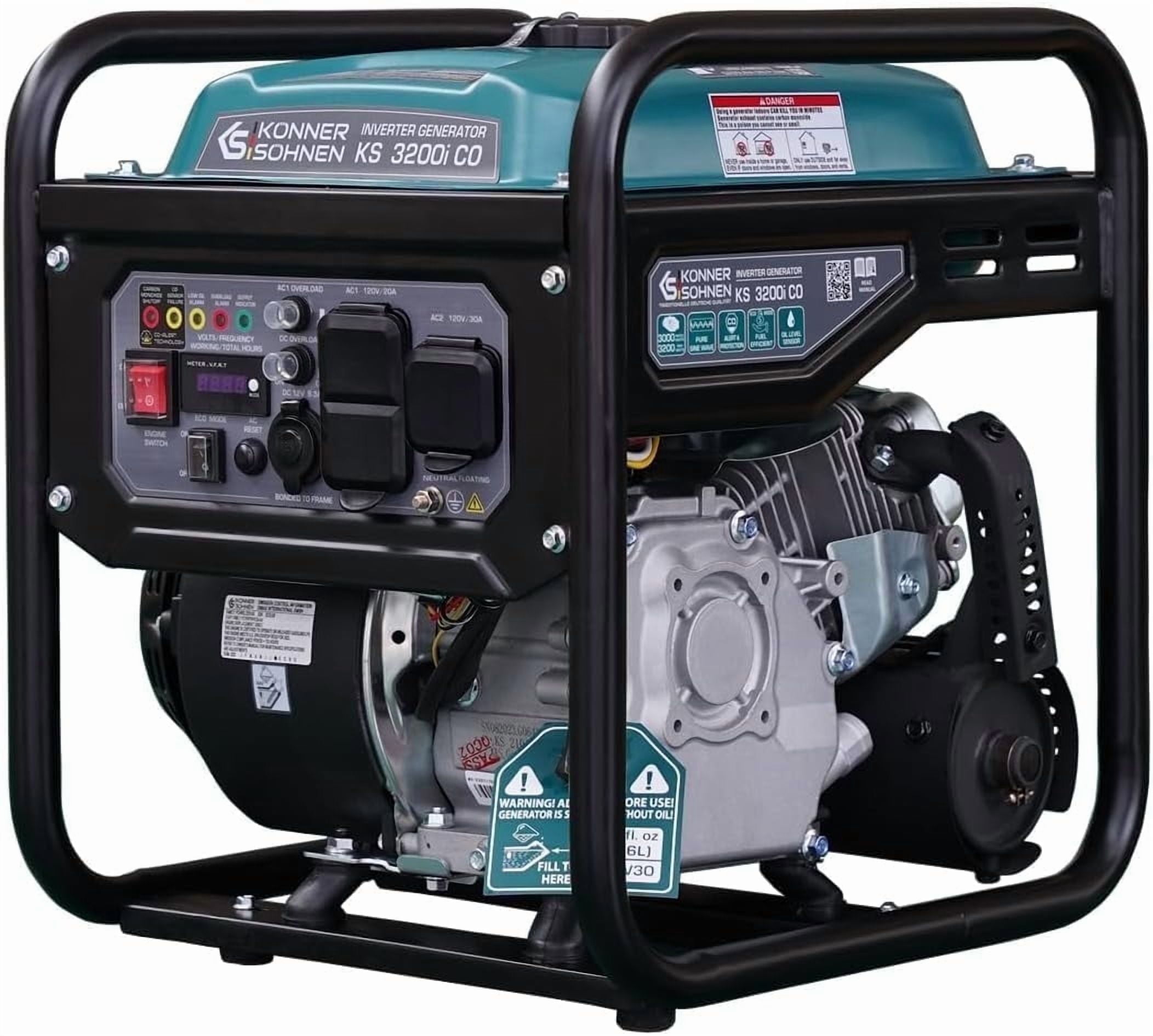 Konner & Sohnen Gasoline Inverter Generator 3200 Watts with CO Sensor and Fuel-Efficient Technology Open Frame Recoil Start for Home Backup Camping