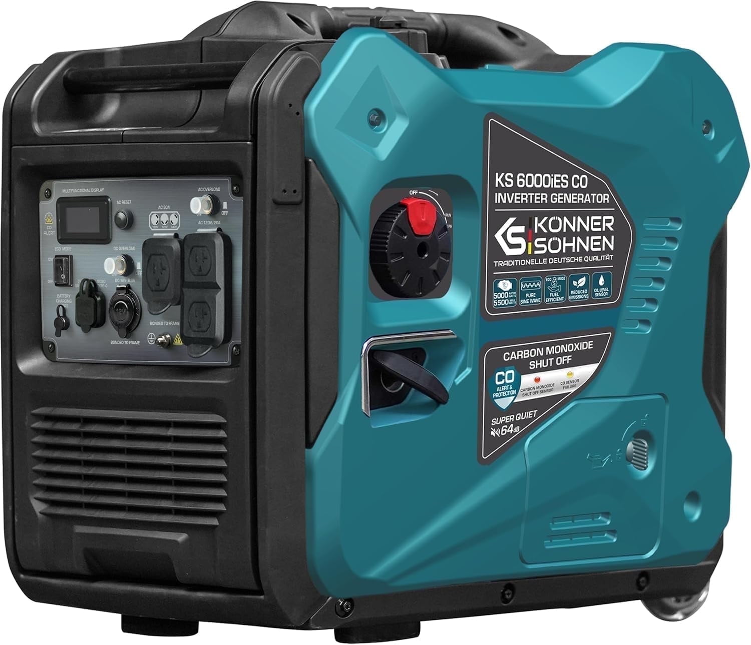 Konner & Sohnen Gasoline Inverter Generator 5500 Watt 120V Quiet CO Sensor Foldable Handle Wheels Multiple Outlets