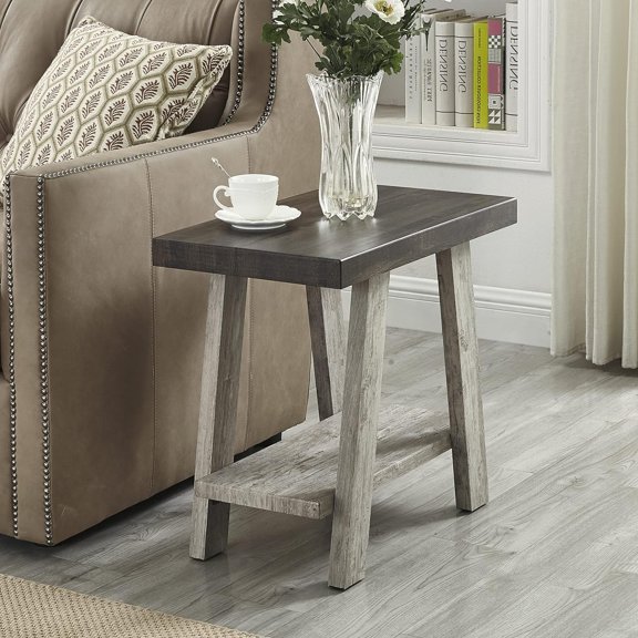 Konoe Contemporary Wood Side Table with Shelf, Walnut