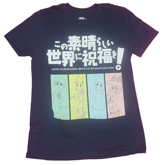 Konosuba Mens T-Shirt- 4 Pastel Girls Under Kanji Logo Image (Large)
