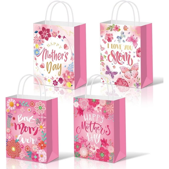 Konsait 12 Pack Mothers Day Gifts Bags, Pink Floral Mothers Days Bags with Handle, Happy Mother's Day Paper Goodie Bags, Mothers Day Party Bags