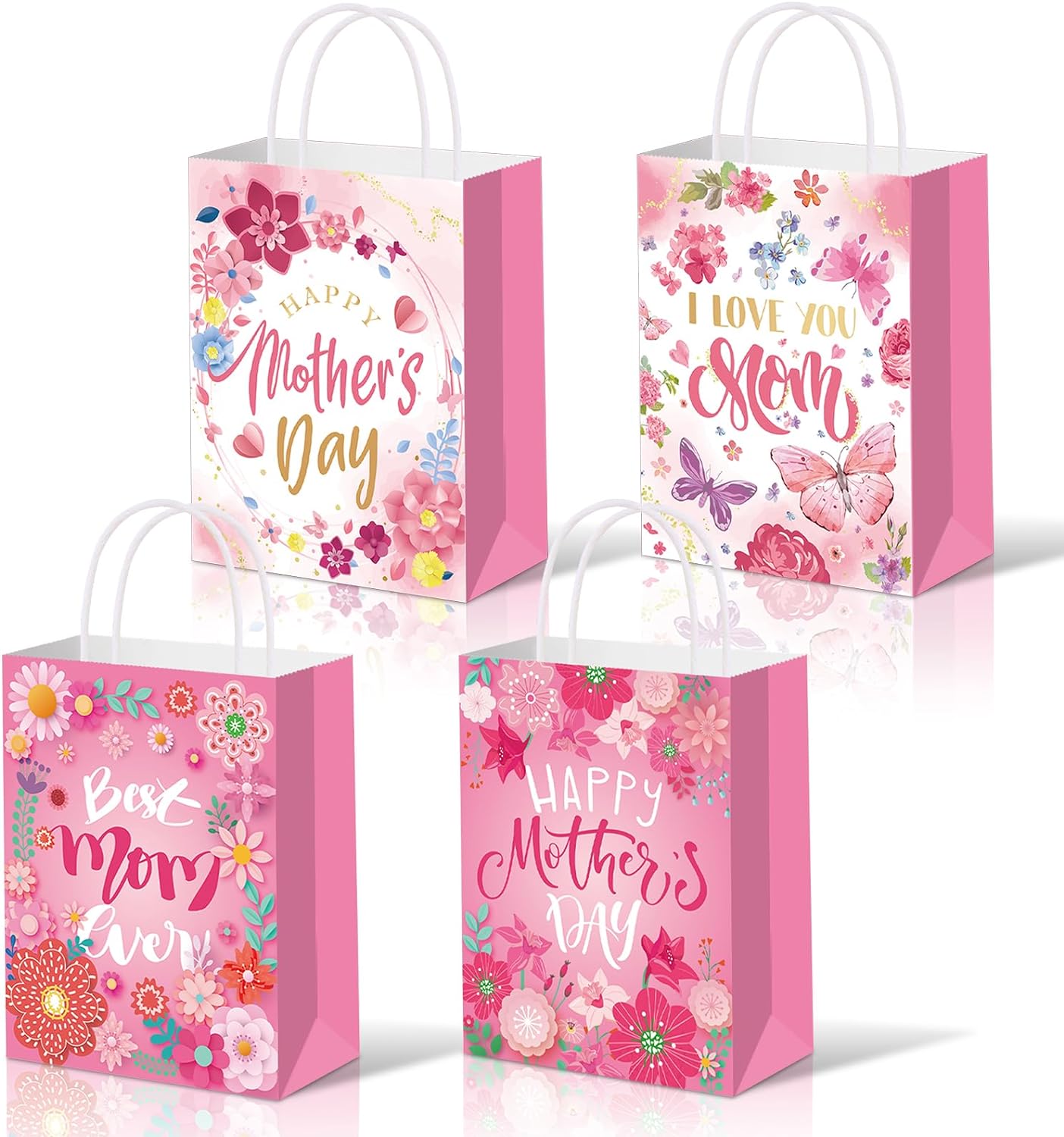 Konsait 12 Pack Mothers Day Gifts Bags, Pink Floral Mothers Days Bags with Handle, Happy Mother's Day Paper Goodie Bags, Mothers Day Party Bags
