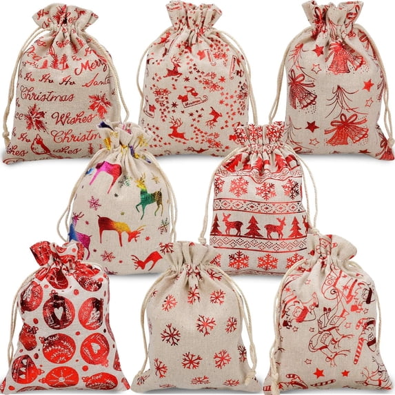 Konsait Christmas Drawstring Bags Burlap Bronzing 16 Pack Small