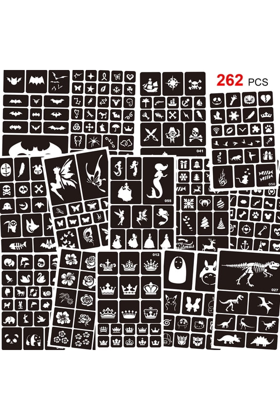 262pcs Temporary Tattoos Stencils for Kids, Reusable Face and Body Paint Stencils Kit Glitter Tattoos Stencils School Show Birthdays Halloween Christmas Party Favor Supplies
