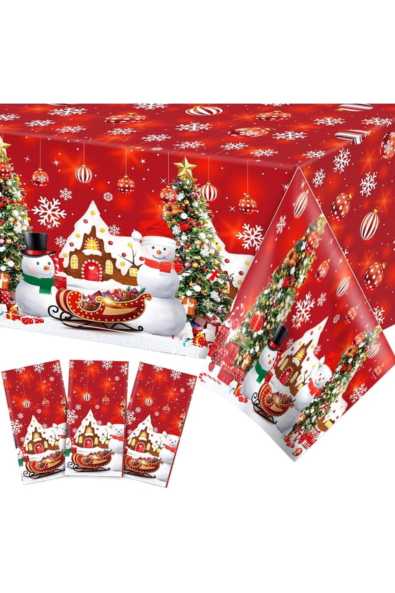 3 Pack Christmas Tablecloth, Snowman Christmas Table Cover Disposable Rectangle Xmas Snowflakes Plastic Table Cloths for Christmas Table Decorations Holiday Party Supplies, 51x86inch Red