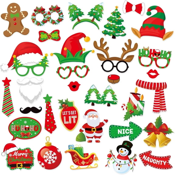 Konsait 32pcs Christmas Photo Booth Props, Funny Christmas Santa Claus Hat Reindeer Photo Props Holiday Selfie Photo for Photography for Adults Kids Christmas Theme Party Favors Decorations Supplies