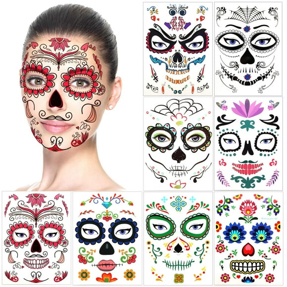 Konsait 8 Pack Carnival Temporary Face Tattoos, Skull Floral Black Skeleton Roses Face Art Stickers Carnival Party Favor Supplies