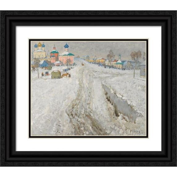 Konstantin Ivanovich Gorbatov 14x12 Black Ornate Wood Framed Double Matted Museum Art Print Titled: Russian Town Under the Snow