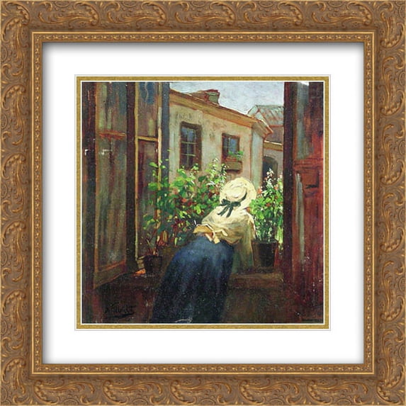 Konstantin Makovsky 2x Matted 20x20 Gold Ornate Framed Art Print 'By the open window'