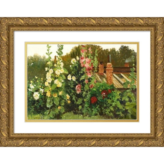 Konstantin Yakovlevich Kryzhitsky 24x17 Gold Ornate Framed and Double Matted Museum Art Print Titled - Hollyhocks