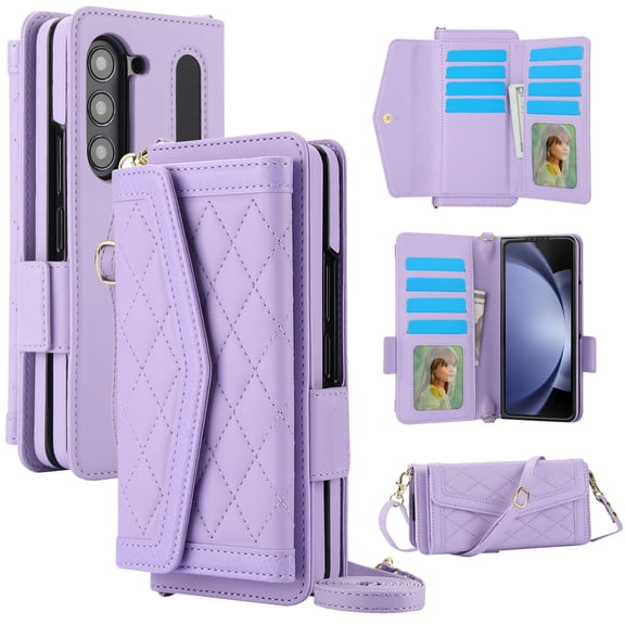 Konstreet for Samsung Galaxy Z Fold 7 Wallet Case - Stitching Pattern RFID Blocking Card Holder, S Pen Slot Crossbody Strap, Full Body Protection Flip Cover for Women Purple