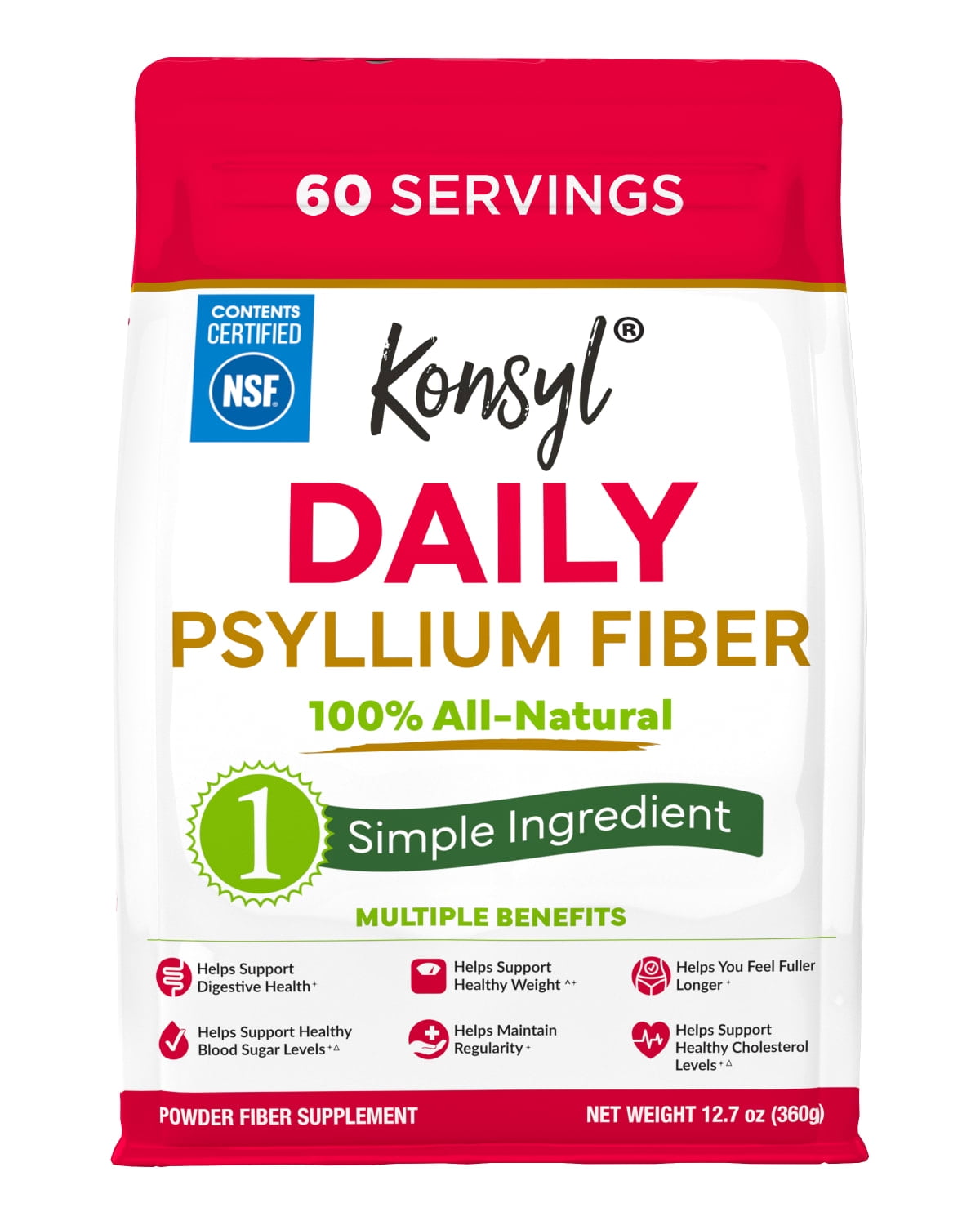 KONSYL PHARMACEUTICALS, INC. Konsyl Daily Psyllium Fiber Powder, 1 Single Ingredient for Digestive Health, Zero Sugar, 60 Serv.
