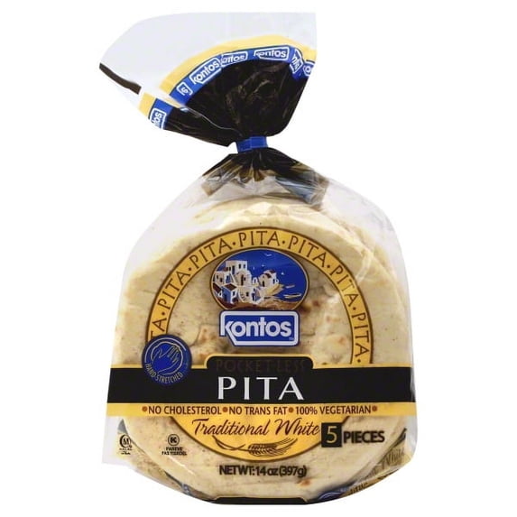 Kontos 7" White Pita Bread, Hand Stretched, 5 Pieces