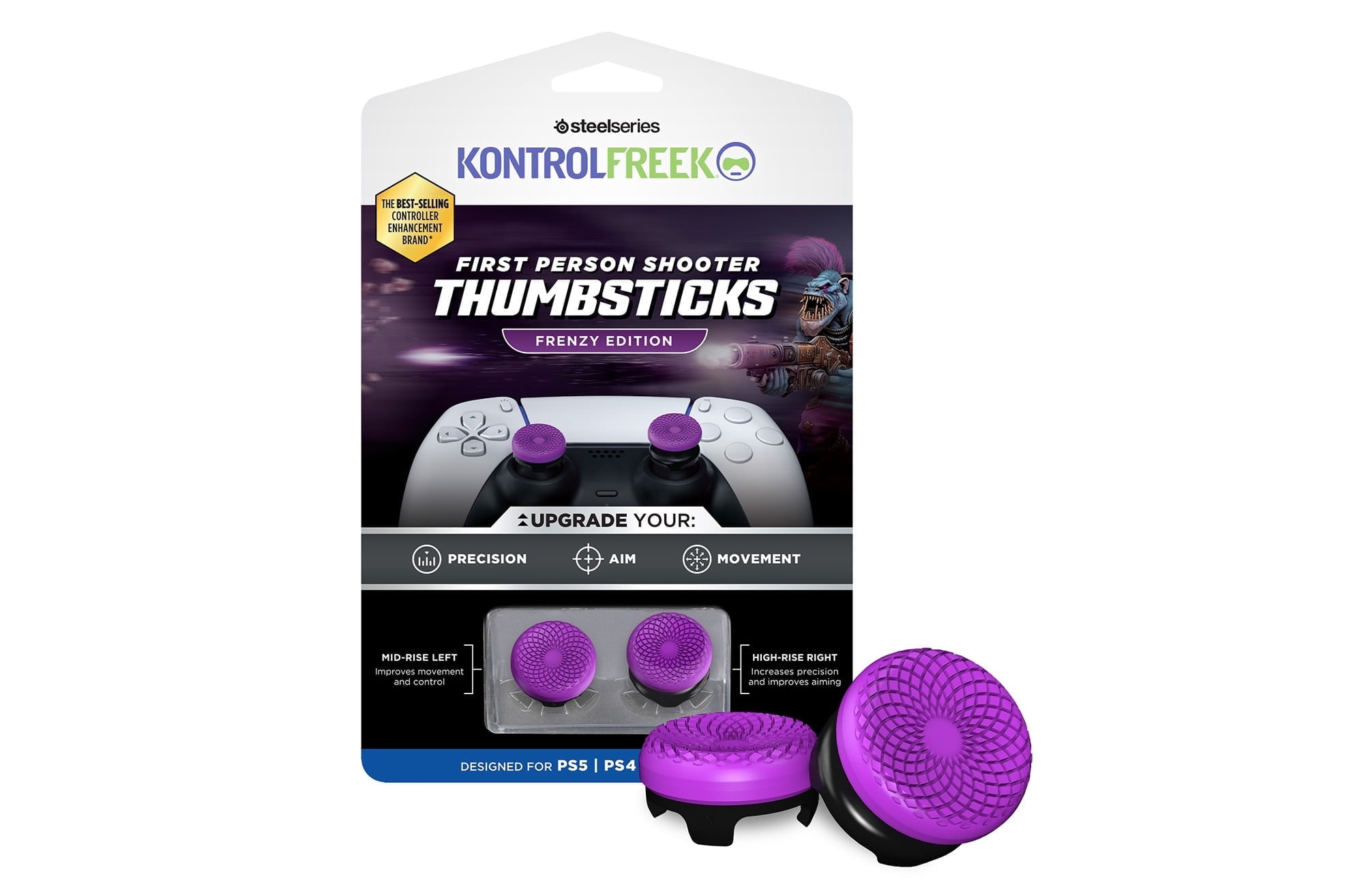 KontrolFreek FPS Freek Frenzy for PlayStation 5 (PS5) and PlayStation 4 (PS4) Controller | Performance Thumbsticks | 1 High-Rise, 1 Mid-Rise | Purple/Black
