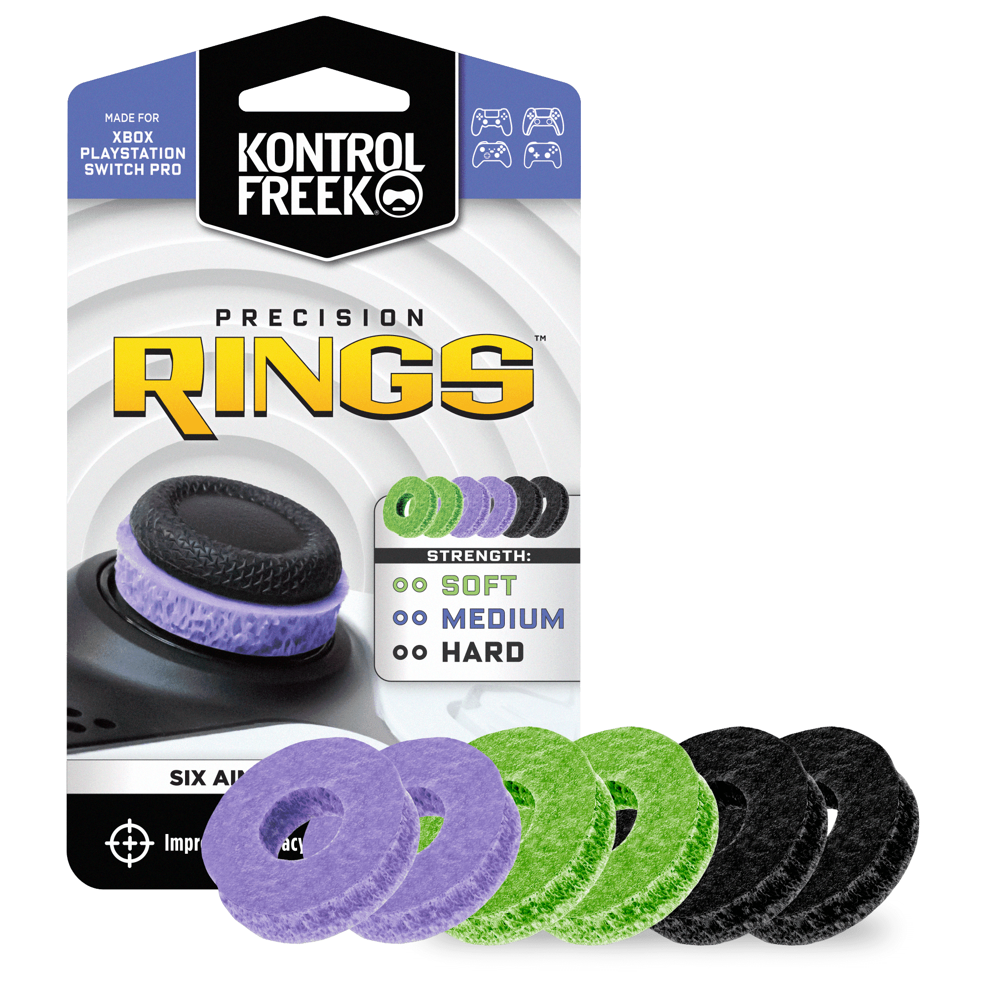 KontrolFreek Precision Rings - Aim Assist Motion Control for Playstation, PS4, PS5, Xbox One, XBX, Switch Pro & Scuf Controller - Black, Purple and Green