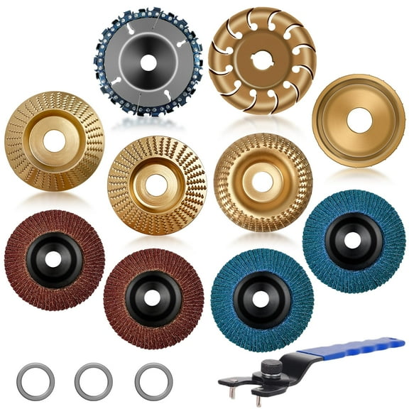 Konvixon 11PCS Wood Carving Disc Set f4" 4 1/2" Angle Grinder, Stump Tool Grinding Wheel Disc with 5/8" Adapter Ring, Woodworking Grinder Attachment fCutting Shaping Carving Sanding Polishing C94