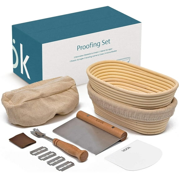 Kook Banneton Bread Proofing Basket Set with Bread Lame Scoring Tool & Dough Scraper