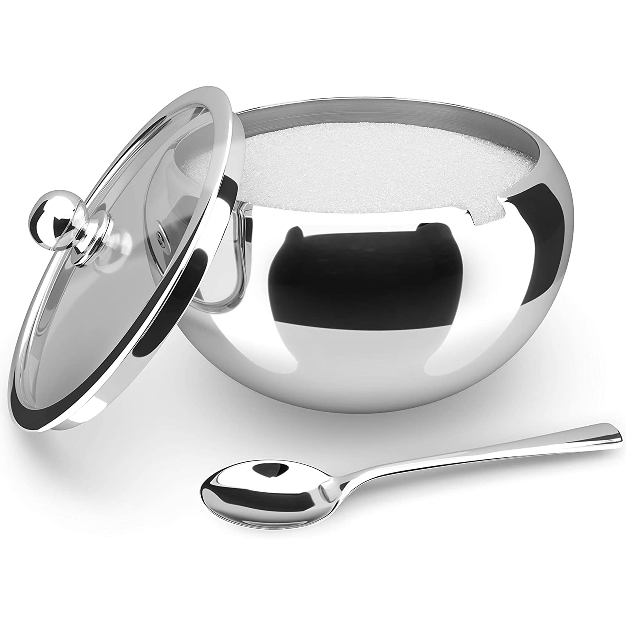 Large Stainless Steel Sugar Bowl with Glass Lid and Spoon