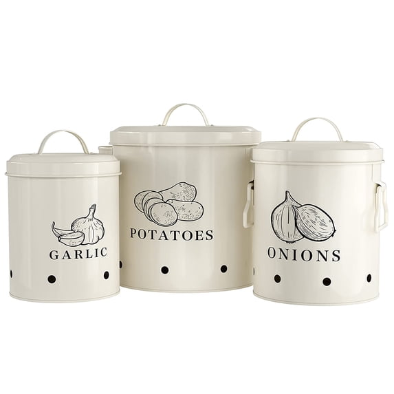 Kook 3-Pc Garlic, Onion and Potato Storage Kitchen Shelf Canister Set, Coconut Cream