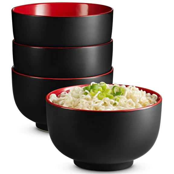 Kook 34 Oz Japanese Noodles Ramen Bowls Set of 4 Stoneware Kitchen Set, Black & Red
