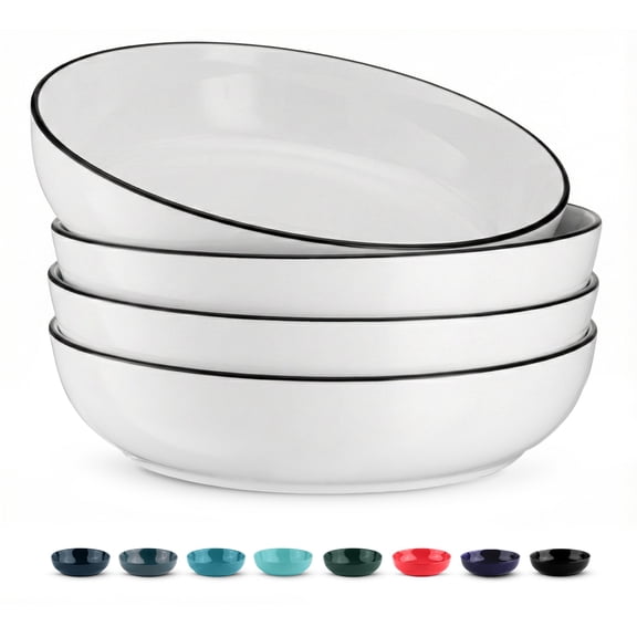 Kook 4-Pc Ceramic Pasta Bowl Set 40 Oz Stoneware Serving Bowls for Kitchen, Black Rim