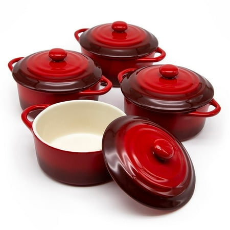 Kook Ceramic Mini Cocotte Set, 12 Oz, Set of 4, Crimson Ombre