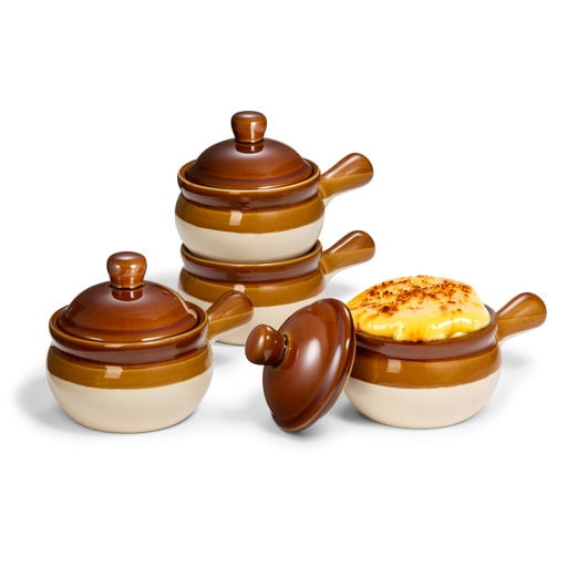 Rustic Brown and Cream Ceramic Soup Crocks with Lids, 15 oz, Set of 4