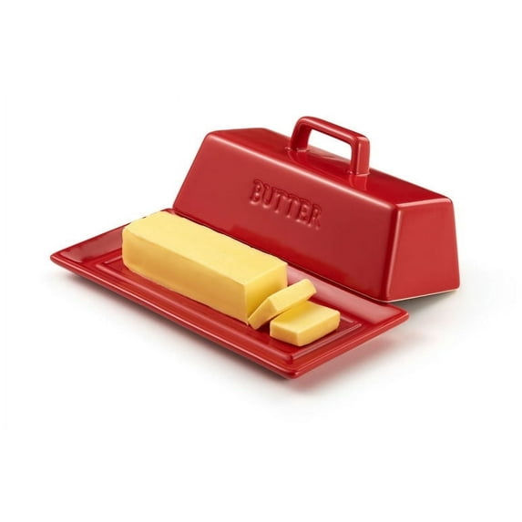 Kook 7.5” White Butter Dish with Lid Butter Storage Container Ceramic Cherry Red