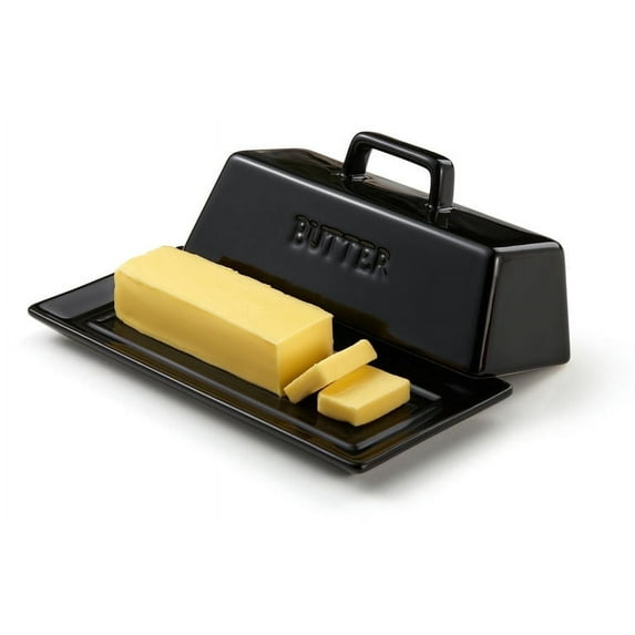 Kook 7.5” White Butter Dish with Lid Butter Storage Container Ceramic Tray, Black