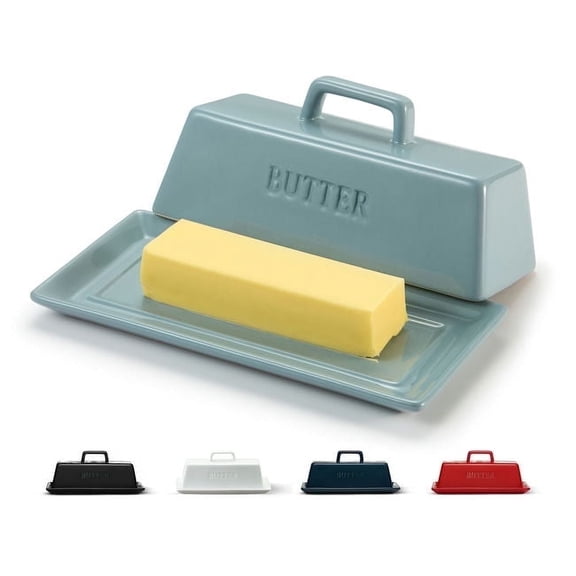 Kook 7.5” White Butter Dish with Lid Butter Storage Container Ceramic Tray, Carolina Blue