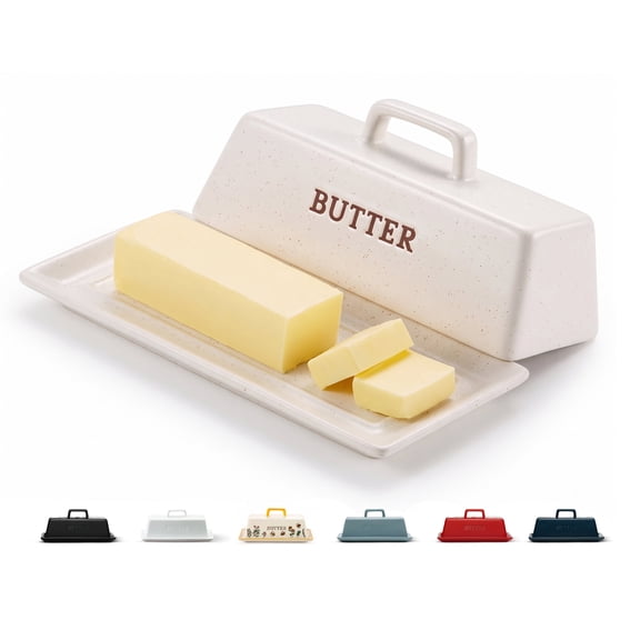 Kook 7.5 White Butter Dish with Lid Butter Storage Container Ceramic Tray, Matte Oatmeal