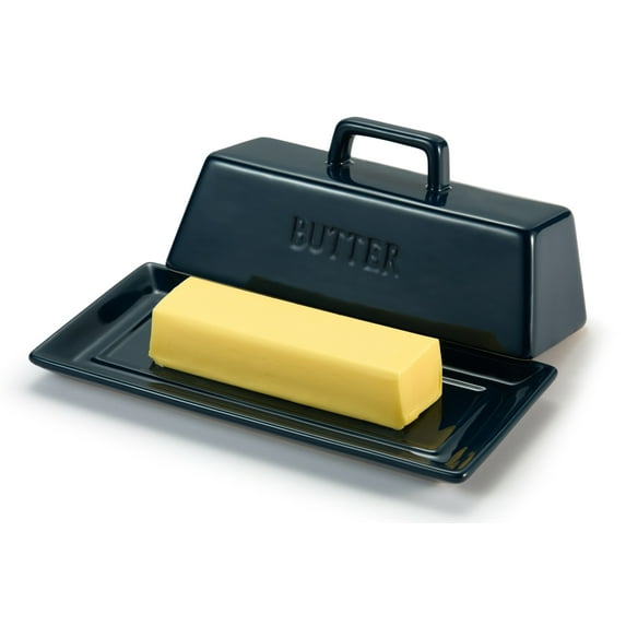 Kook 7.5” White Butter Dish with Lid Butter Storage Container Ceramic Tray, Navy