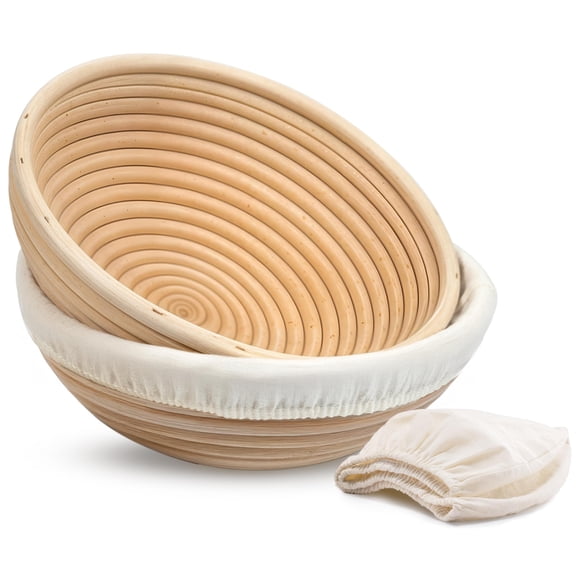Kook Banneton Bread Proofing Baskets, Artisan Sourdough Bread Making Baskets, 9 Inch Handwoven Rattan Baskets and Cloth Liners, Set of 2, Round