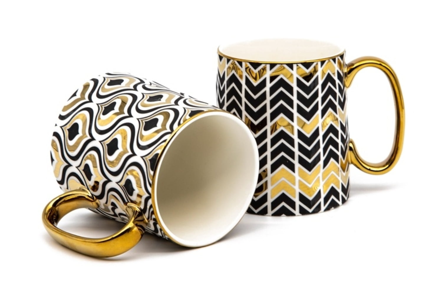 Black and Gold Geometric Ceramic Coffee Mugs, Set of 2