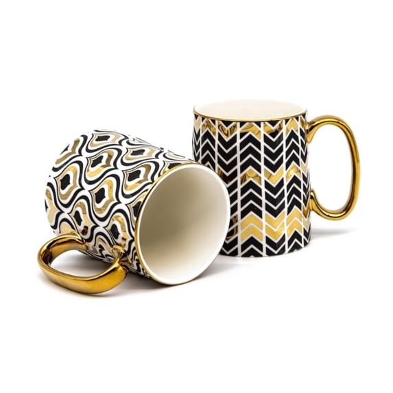 Kook Black and Gold Fez Coffee Mugs, Curved, 14.8 oz, Set of 2