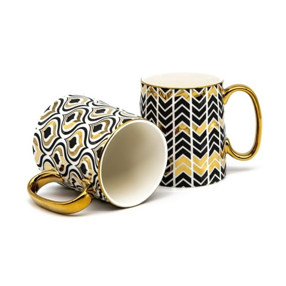 Kook Black and Gold Fez Coffee Mugs, Curved, 14.8 oz, Set of 2
