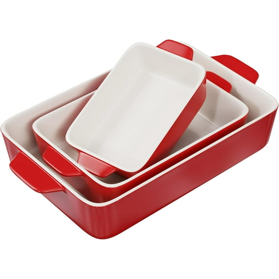Kook Ceramic Bakeware Set, Casserole Dish For Cooking, Set of 3, Cherry