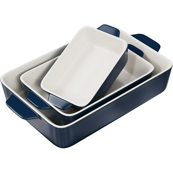 Kook Ceramic Bakeware Set, Casserole Dish For Cooking, Set of 3, Navy