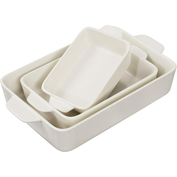 Kook Ceramic Bakeware Set, Casserole Dish For Cooking, Set of 3, Ivory