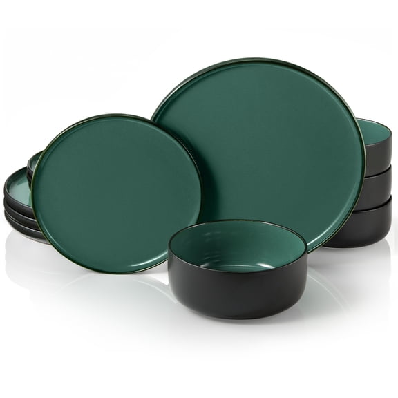 Kook Ceramic Dinnerware Set, 12 Piece, Black/Jade, Service for 4