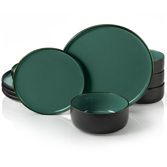 Kook Ceramic Dinnerware Set, 12 Piece, Black/Jade, Service for 4