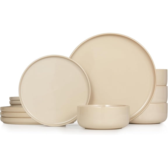 Kook Ceramic Dinnerware Set, 12 Piece, Pearl White, Service for 4, Somerset Collection
